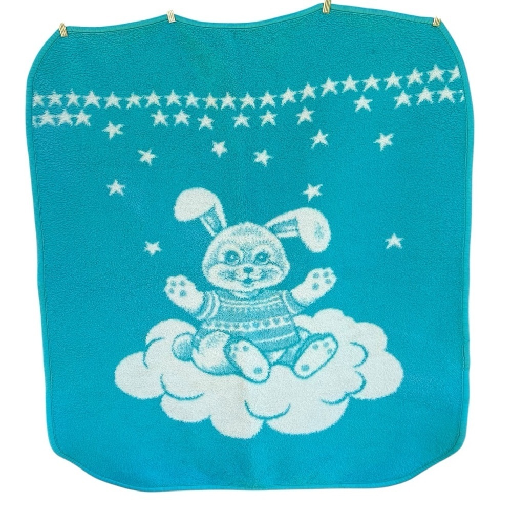 VTG San Marcos Happy Bunny Rabbit Reversible Plush Baby Blanket Cloud Star 44x49